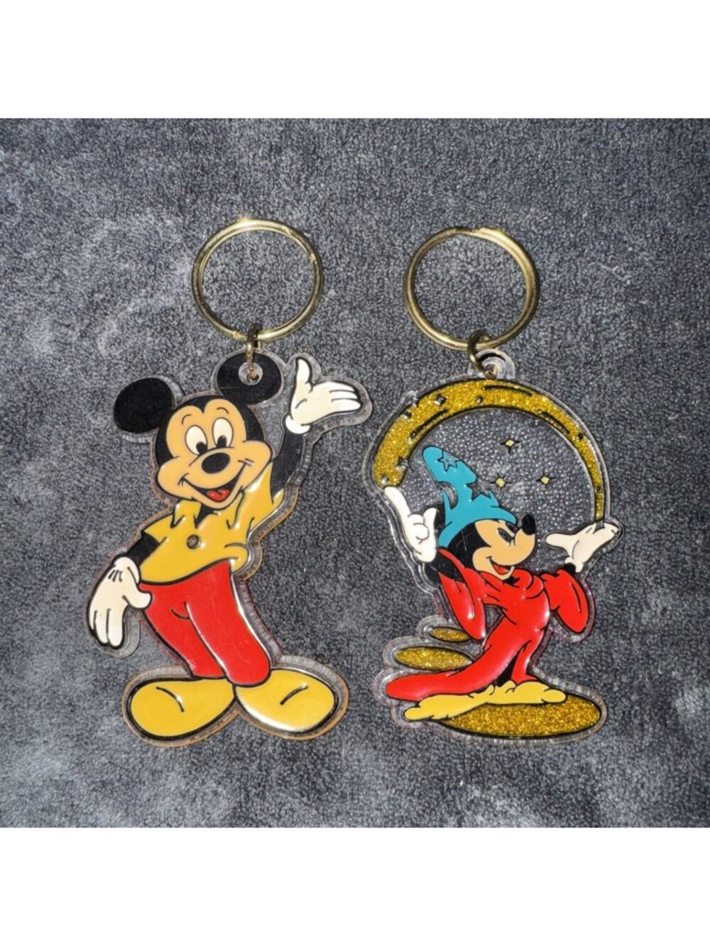 2 Vintage Disney Mickey Mouse Sorcerer Keychain 1980’s  Enamel Plastic Wizard 4”